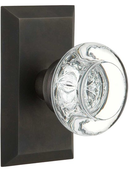 New York Rosette Door Set with Round Clear-Crystal Glass Knobs in Oil-Rubbed Bronze.